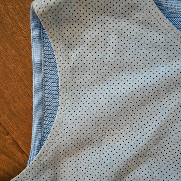 St. John Blue Wool Ribbed 1 button Jacket w perforated Leather with matching Top - Picture 9 of 11